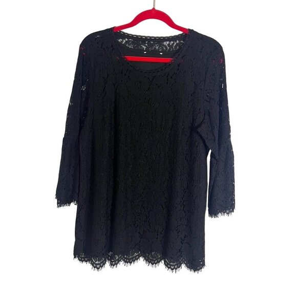 Susan Graver Top Women M Black Floral Lace Mesh Goth Whimsigoth Preppy Classic - Picture 1 of 11